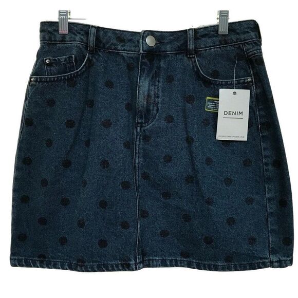 Dorothy Perkins Polka Dot Blue Denim Short Skirt 100% Cotton US 6 Eur 38 NEW - Picture 1 of 7
